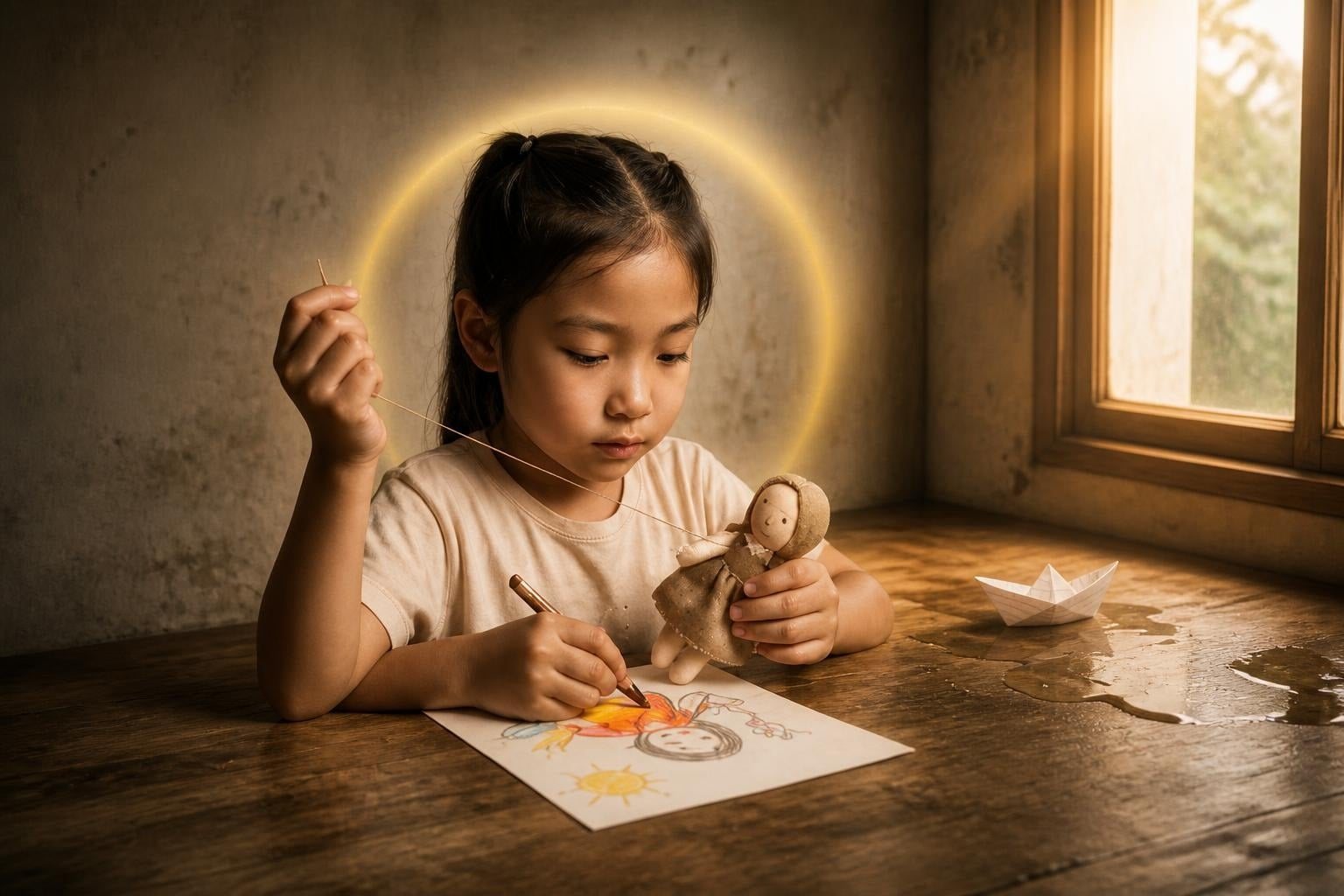 童年時在窗邊專注創作的小女孩